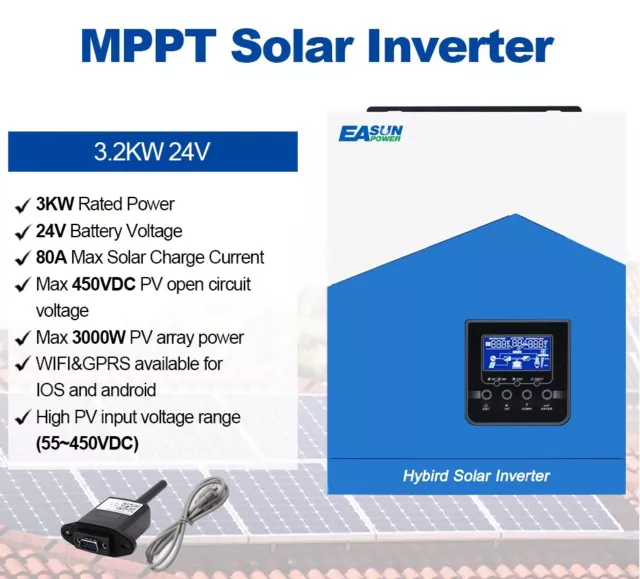 EASUN 3200W 24V Hybrid Solar Inverter OFF Grid Pure Sine Wave MPPT 80A 230VAC DE