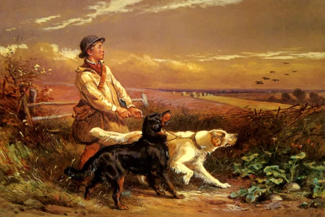 The First Of September Boy With Dogs Autumn Geese Migration By James Hardy Repro