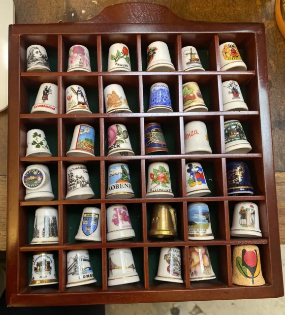 Thimble Case Holder Display With 36 Thimbles Wooden Brown Perfect Unique