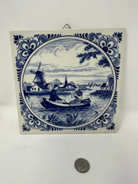 Delft Vintage White Blue Holland Hand Painted Ceramic Delft Tile Windmill 6”