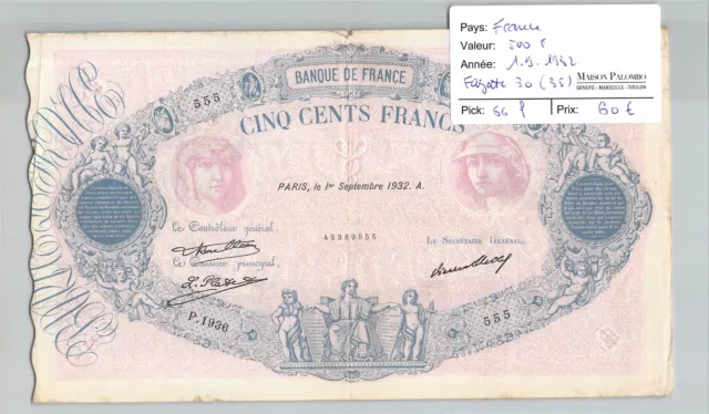 BILLET FRANCE - 500 Francs - 1/9/1932 - Fayette 30(35) Pick 66l - N°555