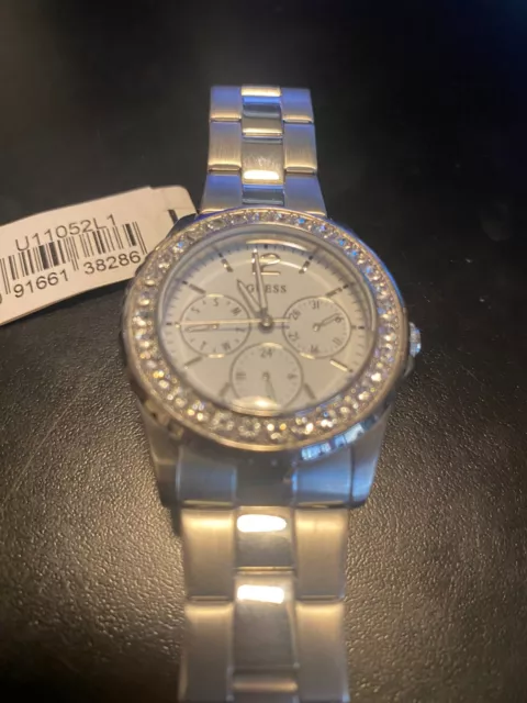 NEW Guess Women's Stainless Steel White Dial Watch U11052L1 DIAMOND LOOK BEZEL