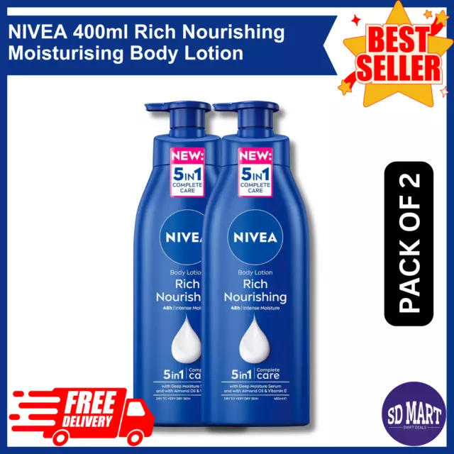 2 x NIVEA 400ml Rich Nourishing Moisturising Body Lotion Dry Skin Moisturiser AU