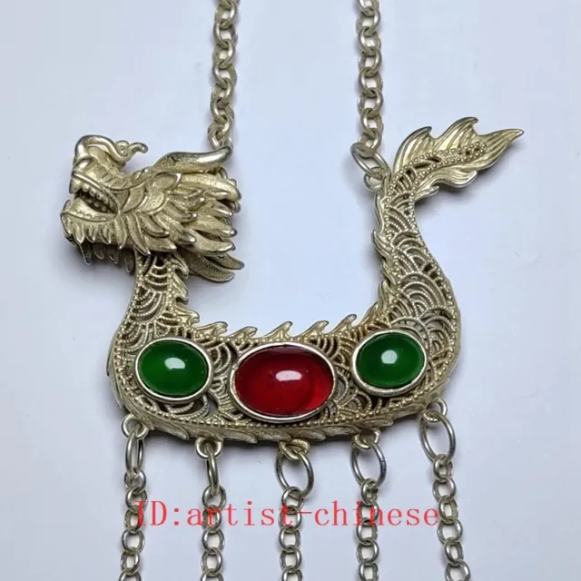 Collection Old Chinese Tibet Silver Carving Dragon Inlay Jewelry Amulet Pendant