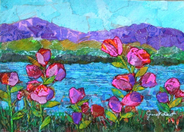 JANET LEO  sfa   ORIGINAL MIXED MEDIA  collage FLOWER LAKE landscape