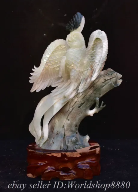 11.6" Chinese Natural Dushan Jade Hand Carved Tree Parrot Bird Statue