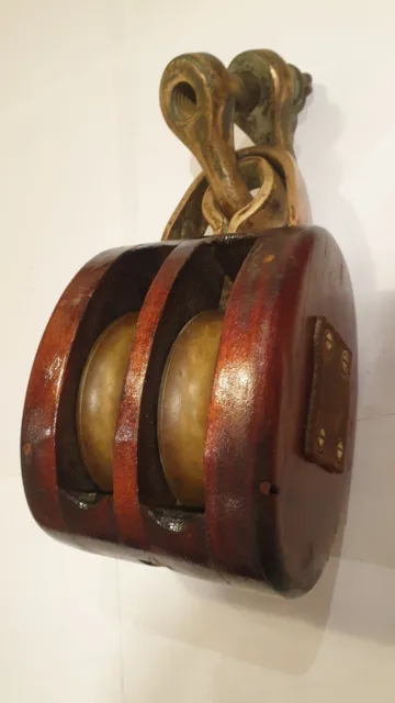 Vintage Mahogany and Bronze wood double sheave block from a sailing yacht