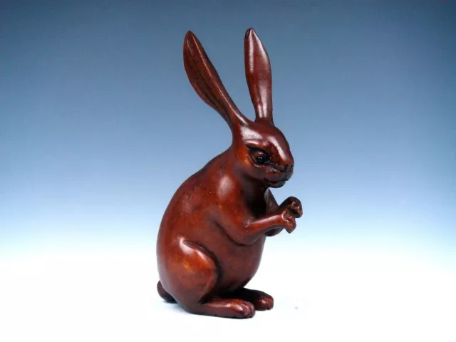 Boxwood Hand Carved Japanese Netsuke Sculpture Long Ears Rabbit Standing #090923