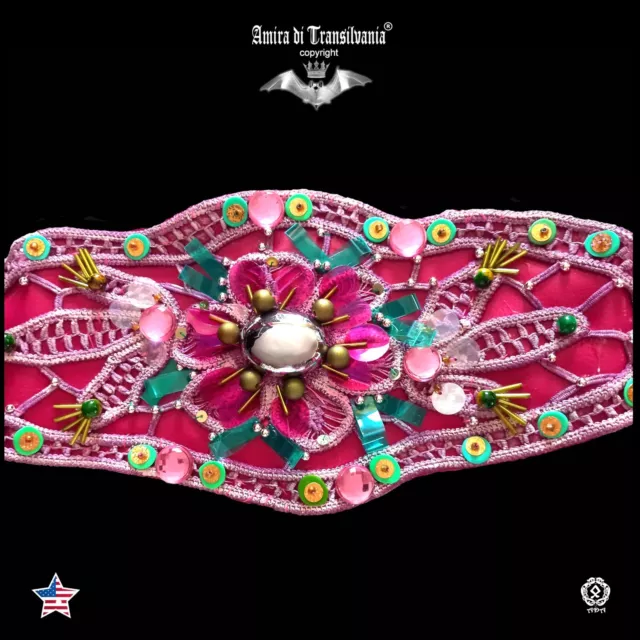 women accessories belt faux leather embroidered macrame rhinestones pink flowers