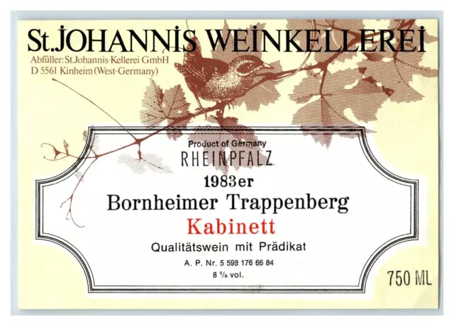 1970's-80's St. Johannis Weinkellerei Rheinpfalz German Wine Label Original S21E