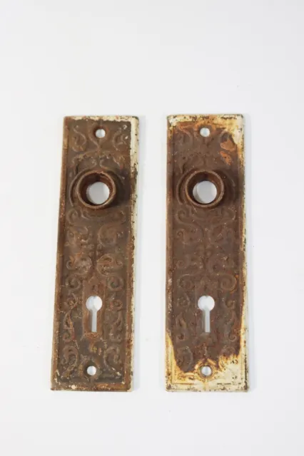 Pair of Antique Ornate Rectangular Door Knob Back Plates Decorative Hardware