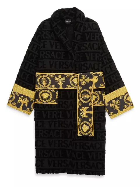 Versace All Over Bath Robe Unisex Large Black Baroque Gold Medusa Lounge Robe *