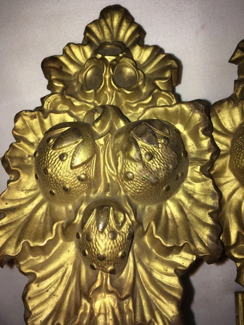 Pair￼ Antique Pressed Brass Curtain / Drape Tie-Backs, 7.5” H. Strawberry Design 3