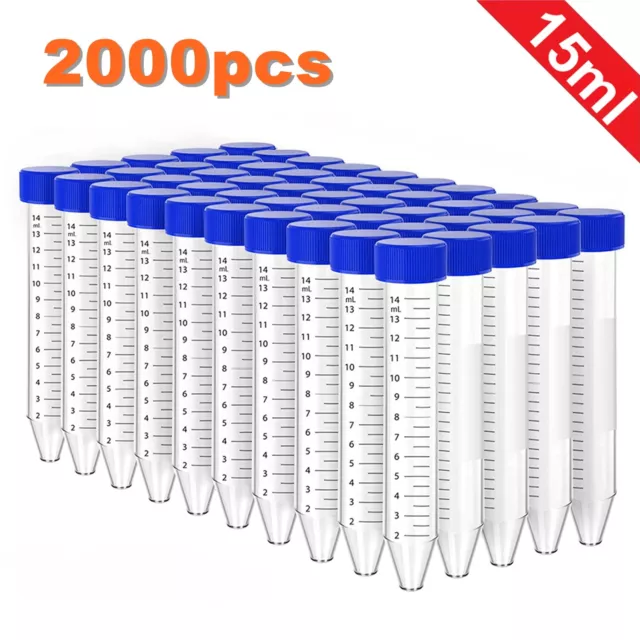 2000Pcs 15mL Sterile Plastic Clear Centrifuge Test Tube Conical Bottom Screw Cap