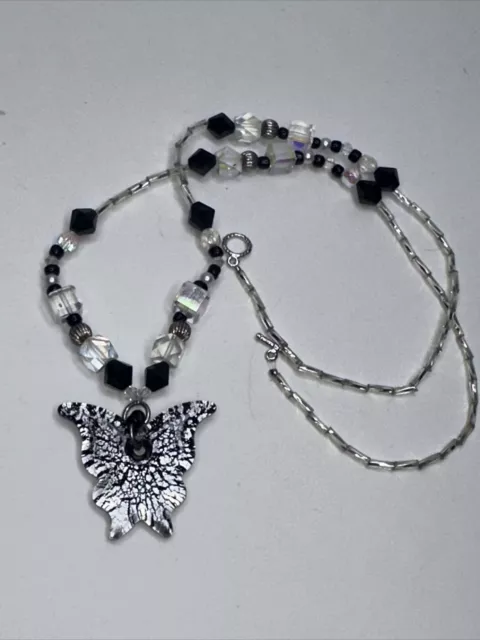 BUTTERFLY PENDANT NECKLACE Glass Black Clear Beads Silver tone Toggle ...