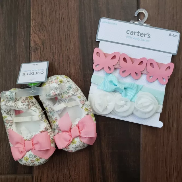 Carter's Baby Girl Headwraps (0-6M) & Floral Shoes (0-3M) Pink Ivory Lot of 2
