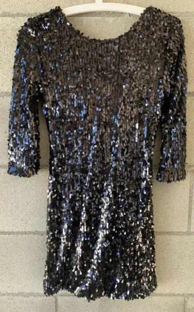 TOPSHOP Black All Sequin Dress Low Back Full Zip 3/4 Sleeve Size 4 UK 8 Fitted