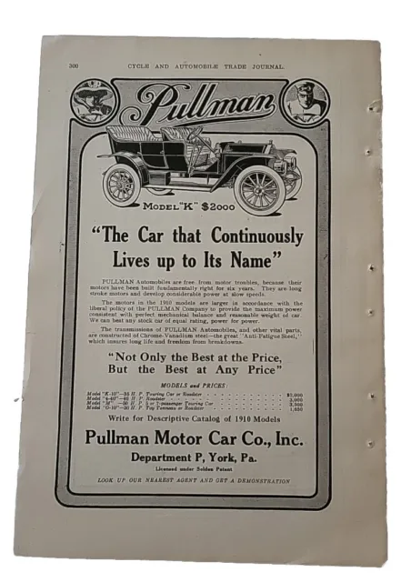 1910 OLD MAGAZINE PRINT AD, PULLMAN MODEL "K" TOURING CAR, Antique Print Ad 7x10