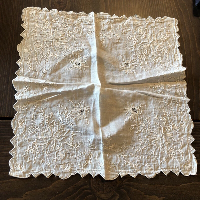 MAGNIFICENT Vintage Madeira Embroidered Wedding Handkerchief Embroidery Antique