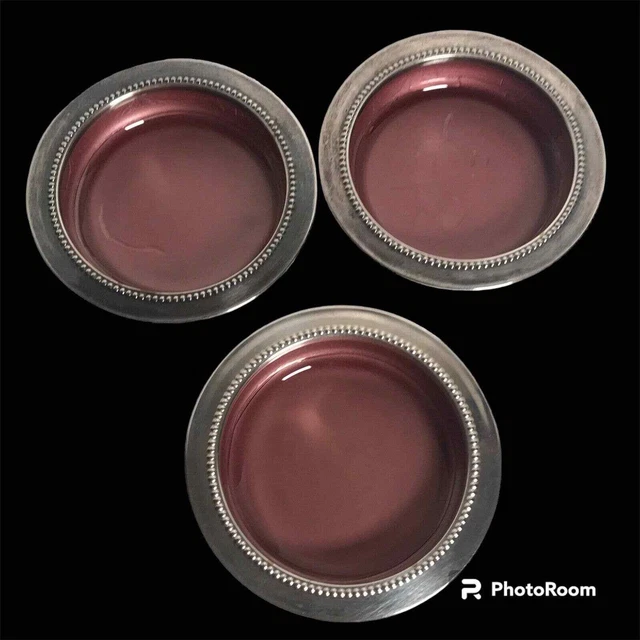 3 Vintage W & S Blackinton  Coasters  50 Silver Plated Enamel & Glass Interior