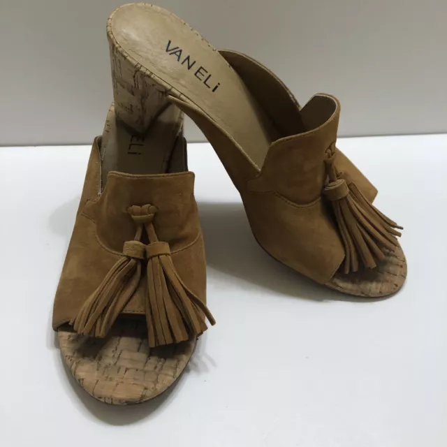 Vaneli Camel Suede Tassel Sandals size 4 M Women’s Cork Heels