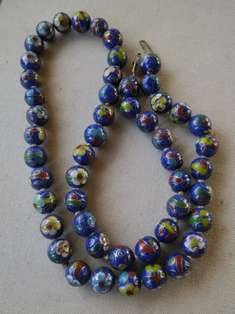 Vintage Cloisonne Necklace 22" Floral Multi tone Blue & Green Beads Hand Tied