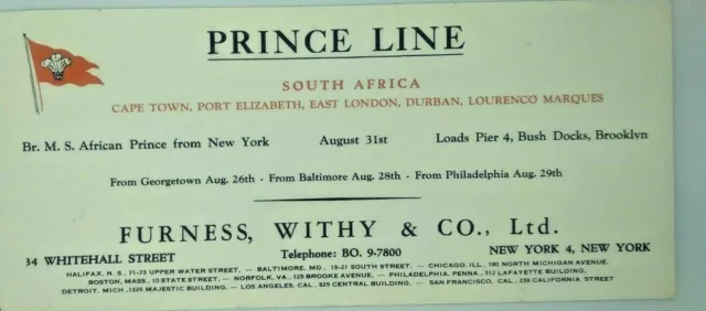 Prince Line South Africa 1950  M.S. African Prince cruise ship  ink blotter
