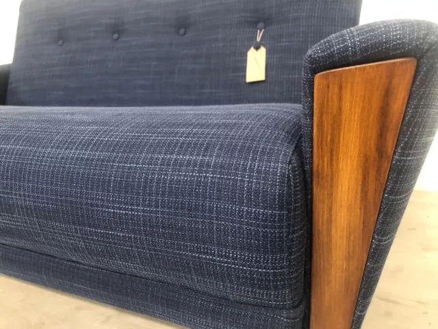 Vintage Danish Teak Inspired Mid Century Model 60 2 Seater Sofa Navy Faux Linen