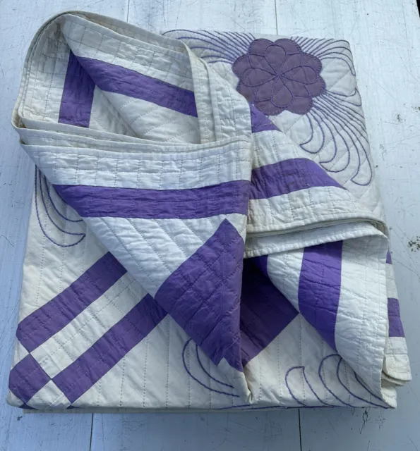 Vintage Handmade CHARMING Quilt  81 X 70 Two Color PURPLE & WHITE