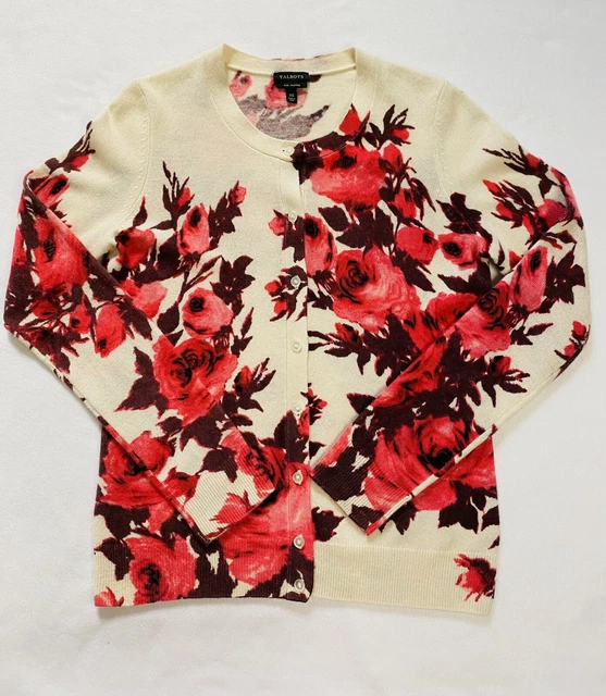 Talbot’s 100% Cashmere Cream Pink Rose Floral Sweater Cardigan | Women’s XS