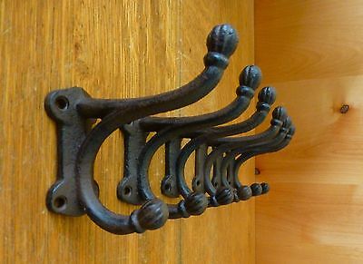 6 BROWN ANTIQUE-STYLE DOUBLE BALL COAT HOOKS 4" CAST IRON rustic wall hardware