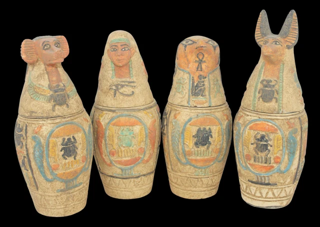 RARO ANTIGUO EGIPCIO ANTIGUO 4 CANOPICOS Frascos Muertos Momificación...