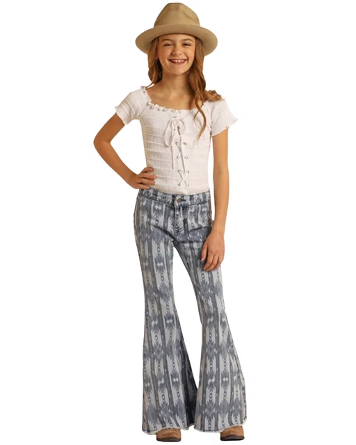 Rock and Roll Denim Girls' Southwestern Stripe Print Flare Jeans Light Wash 4