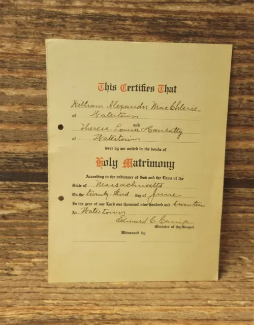 Antique Marriage Certificate Watertown Massachusetts MA 1917