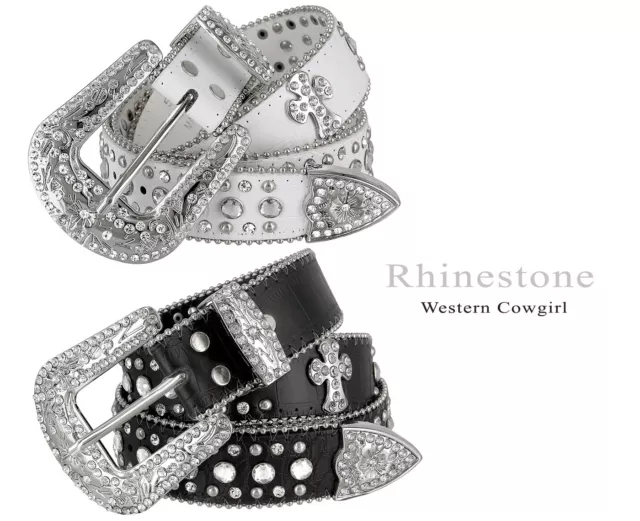 Rhinestone Western Cowgirl Bling Studded Design Cross Concho Belt 1-1/2" (38mm)