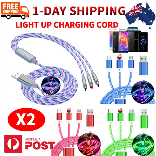 x2 3 in 1 LED Flowing Light Up Charger Fast Charging Cable For USB Type C Phone