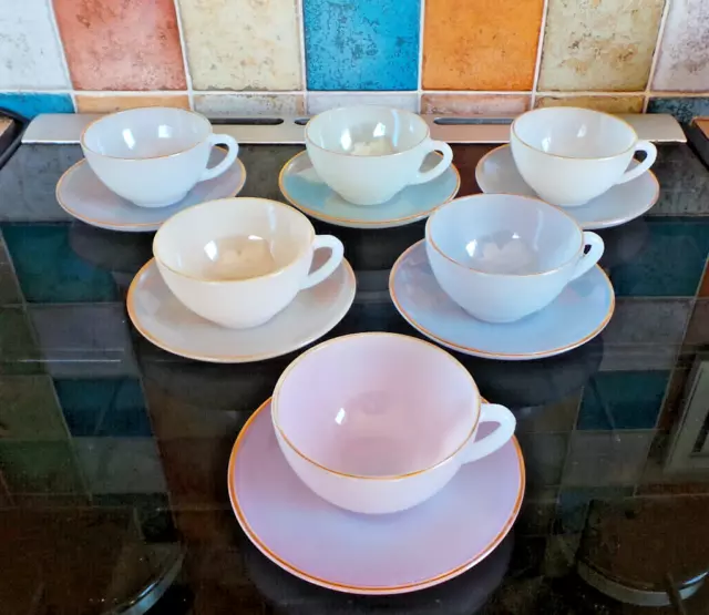 Vintage Arcopal Opalescent Harlequin Pastel Shades Cups And Saucers X6