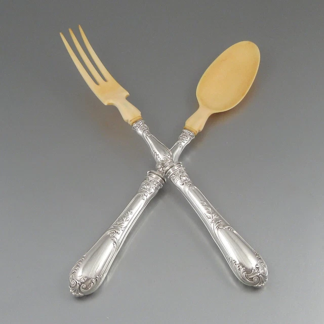 Antique French Sterling Silver Clad Salad Set Serving Fork Spoon, Henri Soufflot