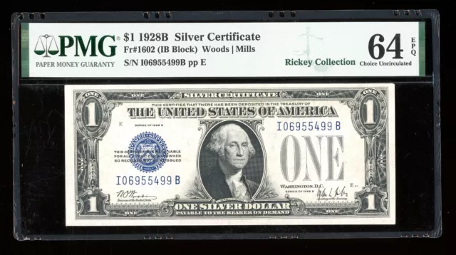 DBR 1928-B $1 Silver Funnyback Fr. 1602 IB Block PMG 64 EPQ Serial I06955499B