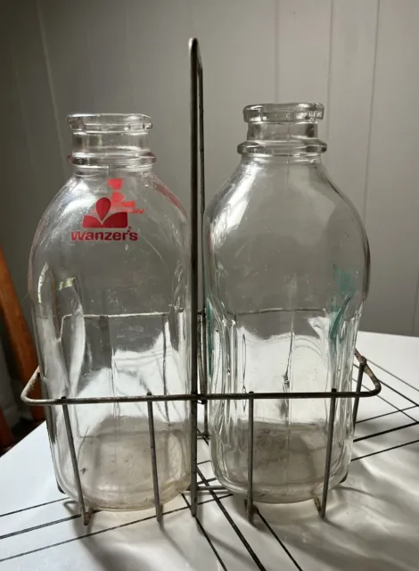 Vintage Metal Milk Dairy Carrier with 2 - Half Gallon Glass Bottles Farmhouse