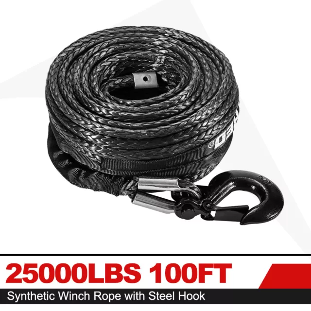 25000LBS 100FT Synthetic Winch Rope Winch Line Cable Rope w/Steel Hook for 4WD