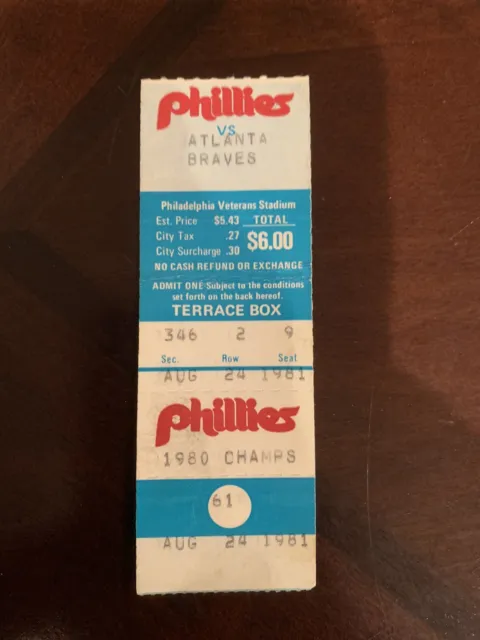 Atlanta Braves At Phillies 8-24-1981 Ticket Stub Schmidt HR Trillo Walkoff HR
