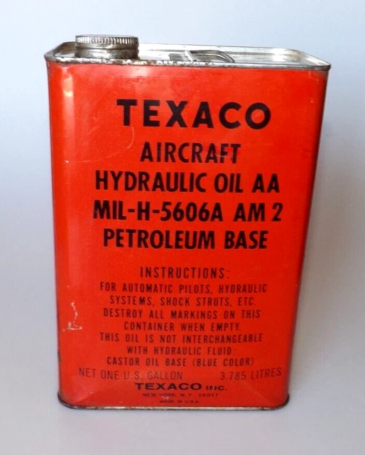 Texaco Aircraft Hydraulic Oil Petroleum Base 1 Gallon Metal Can MILH5606 Red Vtg