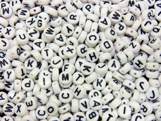 200 White Acrylic Alphabet Beads 7mm Flat Round Letters & Mixed