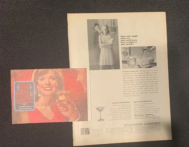 Vintage 1966 SOUTHERN COMFORT 50 Drinks & Toasts Recipe Booklet & Print Ad