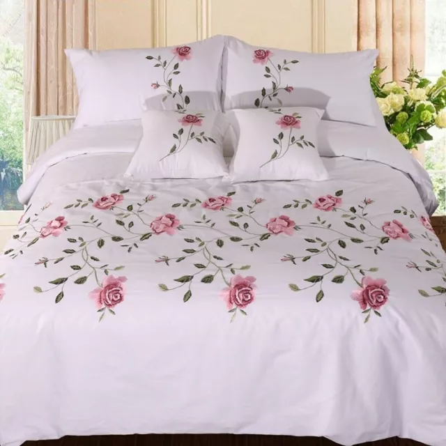 Cotton Soft Bedding Set Chic Embroidery White Pink Grey Duvet Cover Bed Sheet