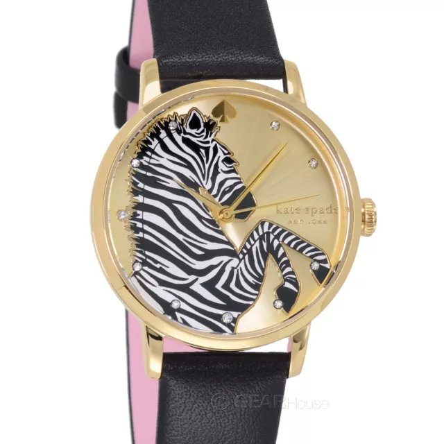 Kate Spade New York Womens Gold Metro Watch, Zebra Dial Crystals, Black Leather