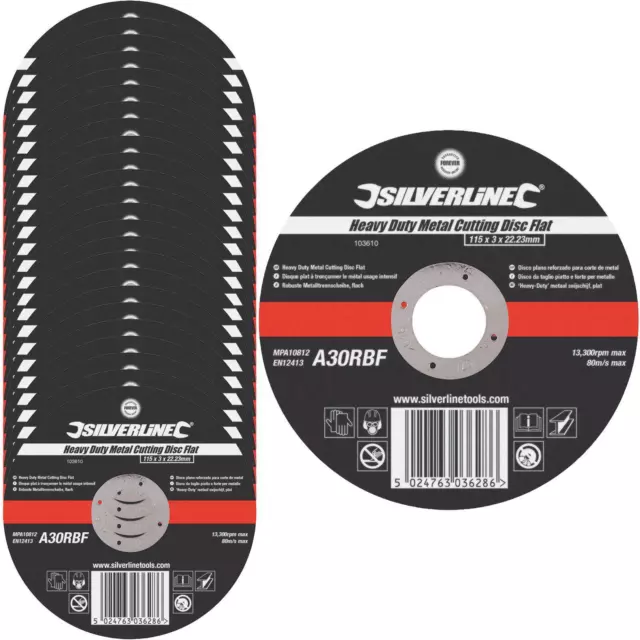 Silverline 1-25Pk Heavy Duty Metal Flat Cutting Disc 115mm Alloy Grinder