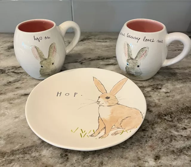 Rae Dunn By Magenta Hop On Easter Bunny Spring Mug and Plate Set