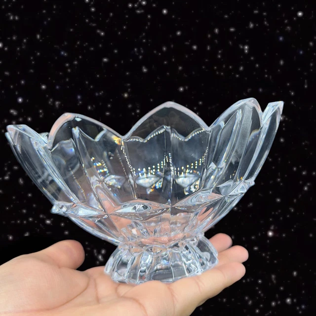 Clear Crystal Lotus Flower Bowl Centerpiece Art Glass Vintage Glass 3.75”T 7”W 3